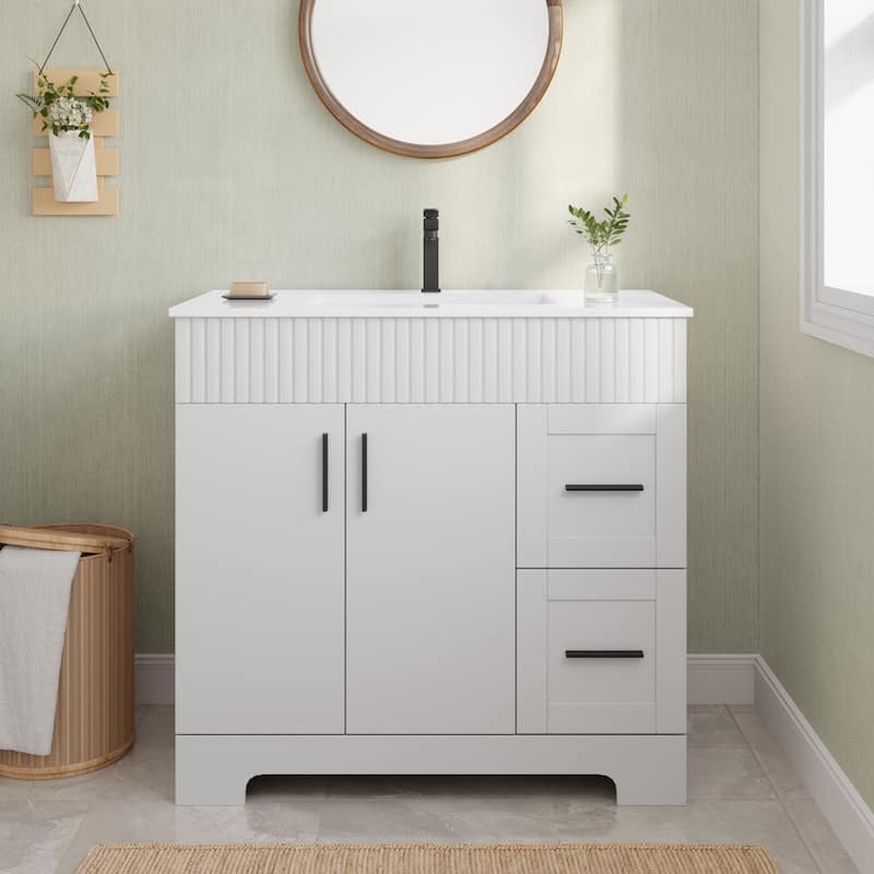 EROMMY Bathroom Vanity with Sink and Faucet, Freestanding Vanity Cabinet with Drawers & Doors, White Ceramic Top
