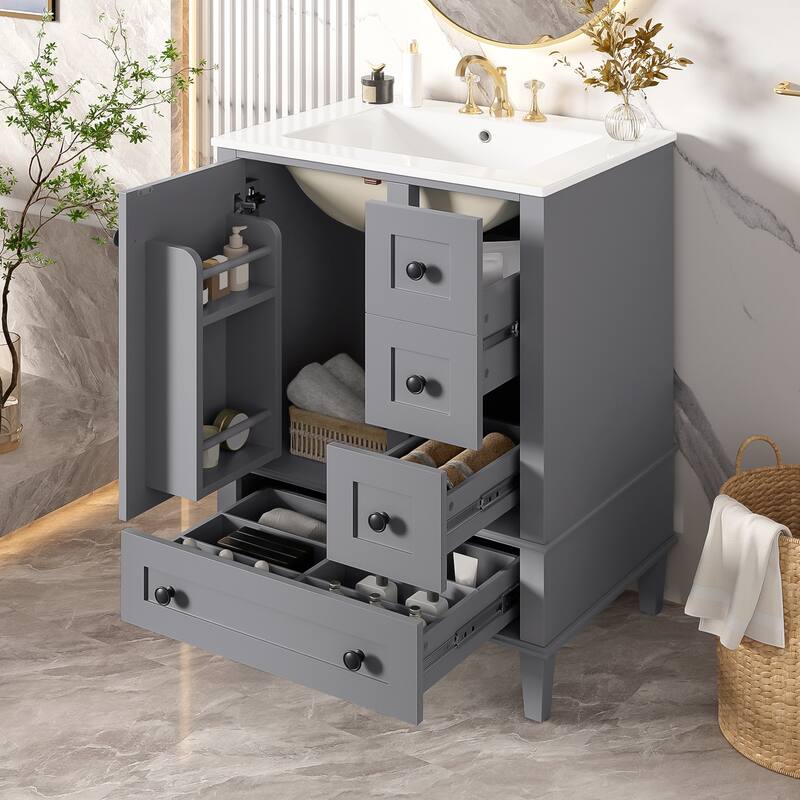 24-Inch Bathroom Vanity With An Integrated Ceramic Basin, Featuring A Door-Mounted Double-Layer Shelf, Soft-Close Drawers - Grey