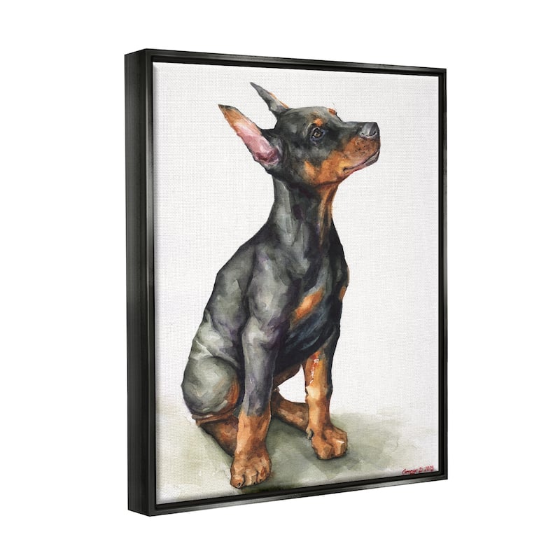 Stupell Doberman Puppy Dog Pet Animal Watercolor Painting Floater Frame - Black