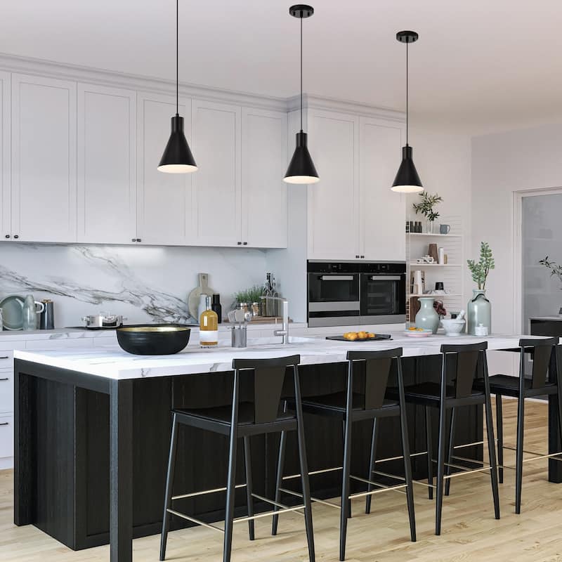 1-Light Matte Black Metal Cone Hanging Kitchen Pendant Light