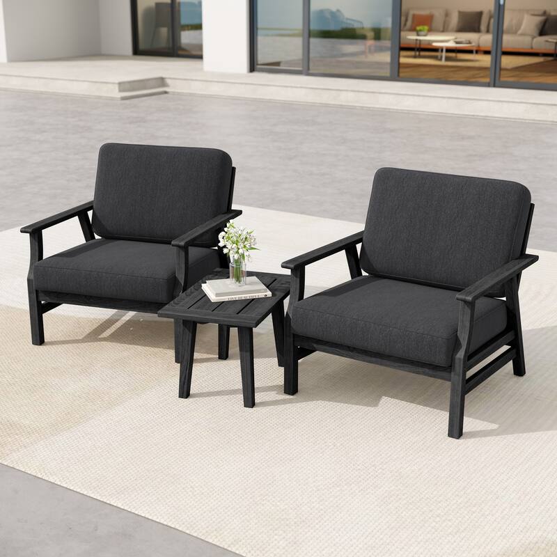 3 Piece Wood Patio Armchair Outdoor Bistro Set with Side Table