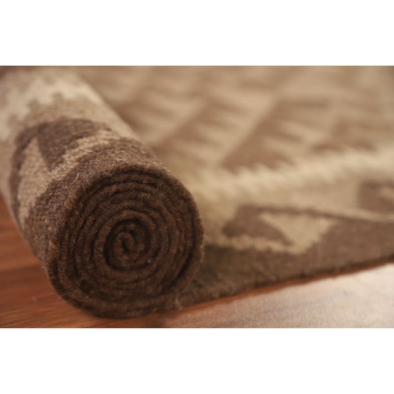 Geometric Brown Kilim Oriental Area Rug Hand-woven Wool Carpet - 5'2" x 8'2"