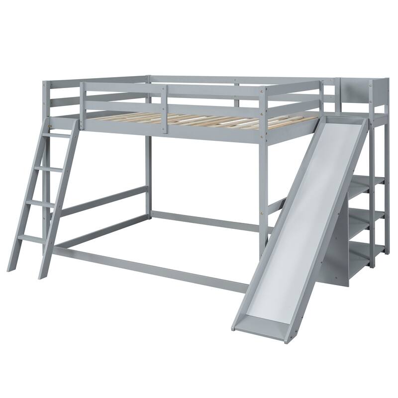 Full Over Full Bunk Bed with Ladder, Slide, and Shelves in Gray
