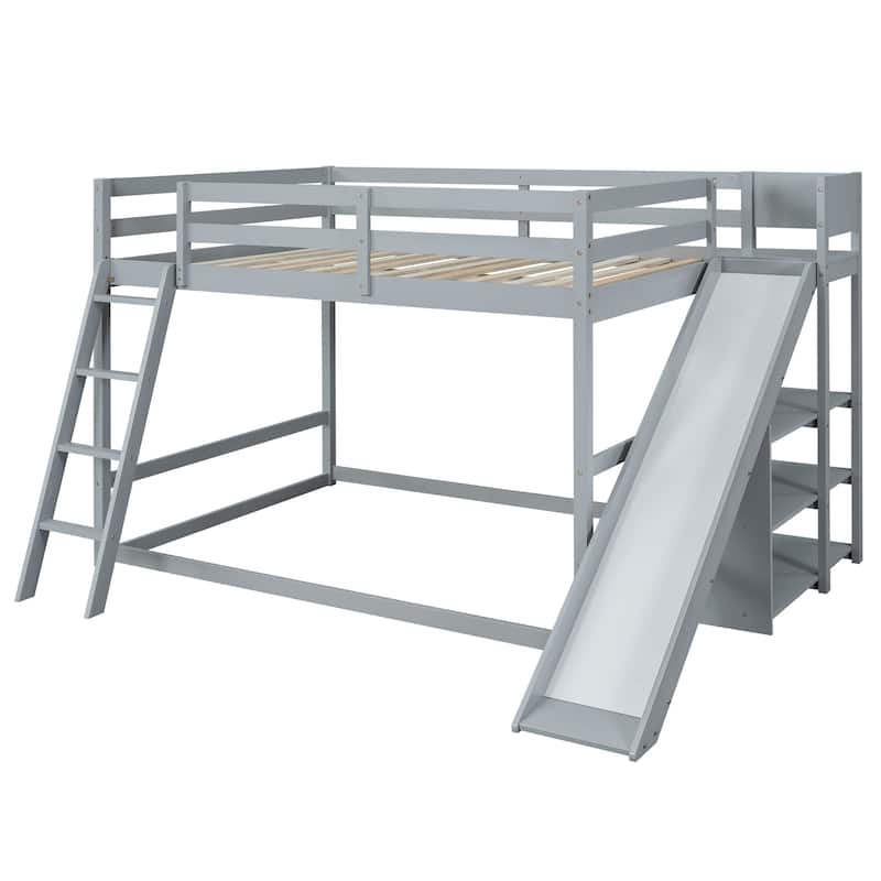 Full over Full Bunk Bed with Ladder, Slide and Shelves, White
