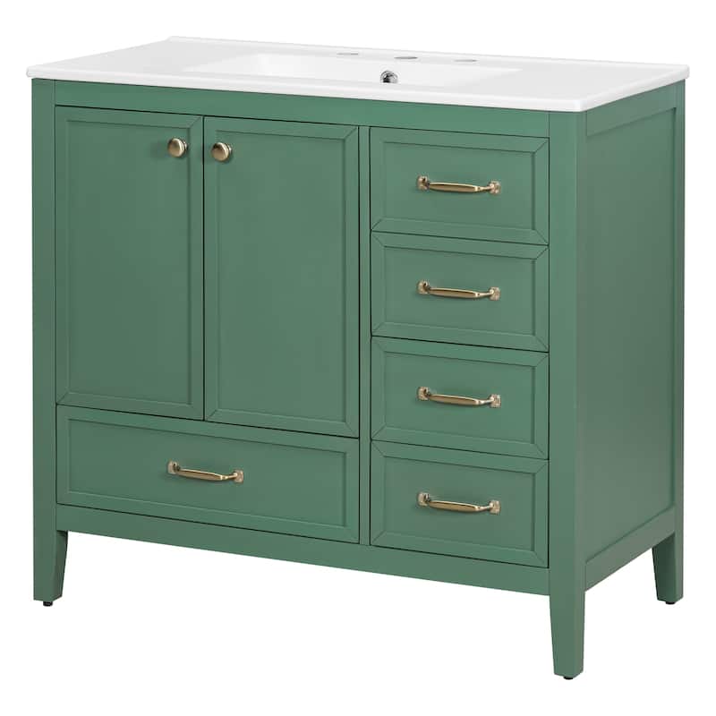 Single Sink Bathroom Vanity Cabinet with 4 Drawers, Cabinet Base & Ceramic Basin Set, 36 Inch