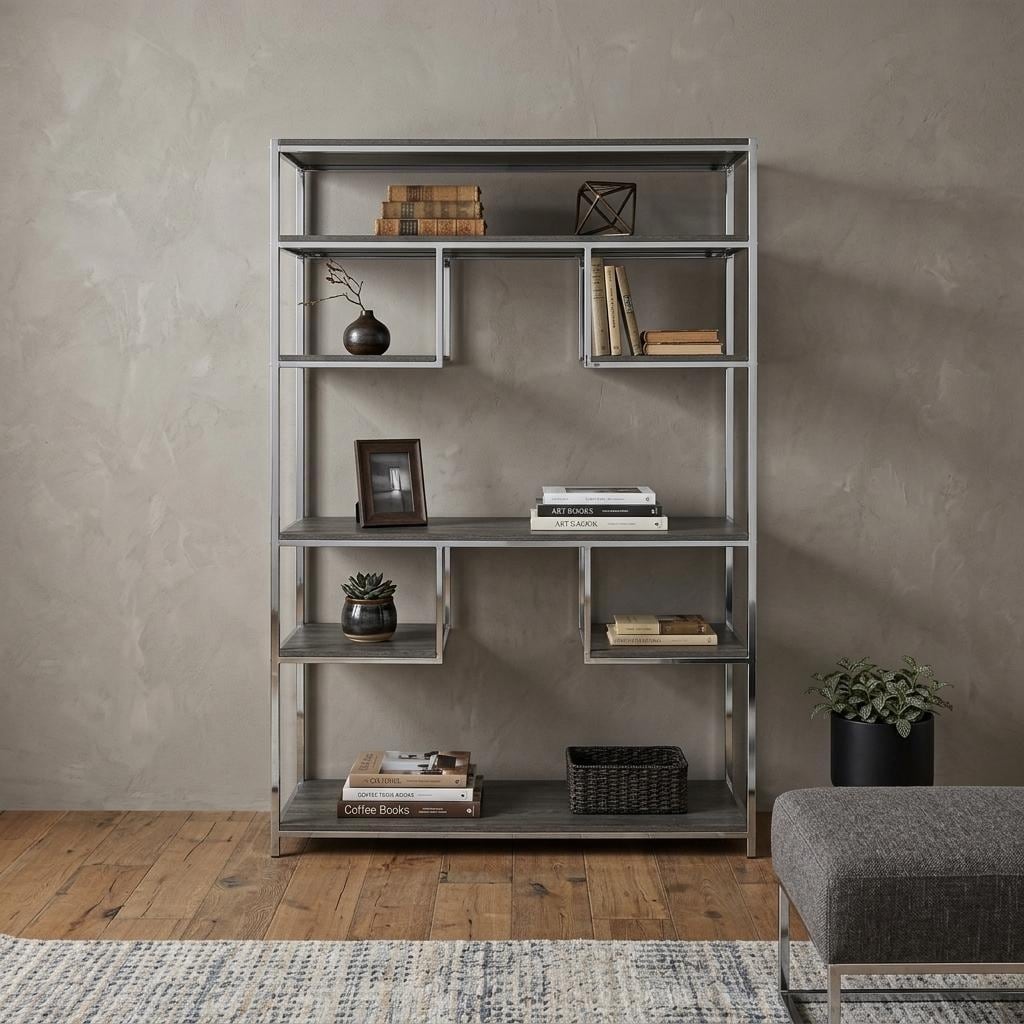 HomeRoots Gray And Silver Metal Seven Tier Geometric Bookcase