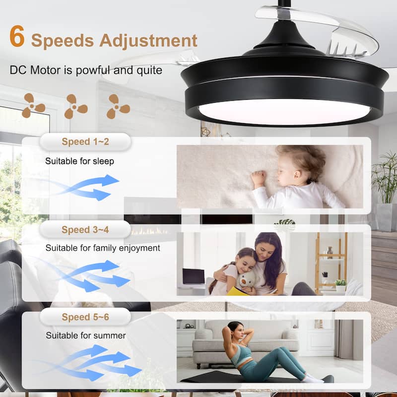 Bella Depot 36" Modern Retractable Ceiling Fan with Dimmable Led Light and Remote, 6-Speed Reversible DC Motor