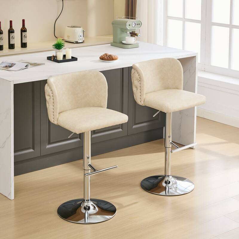 Modern PU Upholstered Bar Stools Set of 2, Swivel Barstools with Tufted Back, Adjustable Seat Height with Chrome Base