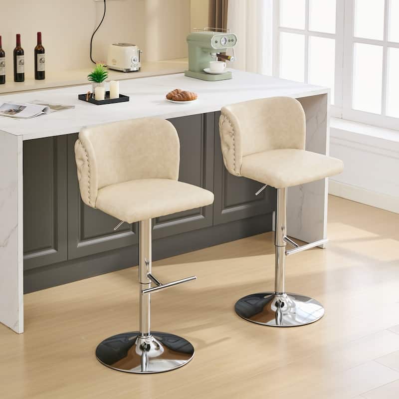 Velvet Upholstered Bar Stools Set of 2, Swivel Bar Stools with Adjusatble Height, Kitchen Island Chairs with Tufted Back