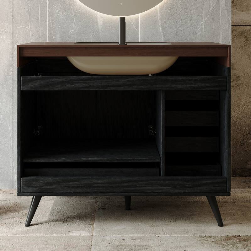 36" Bathroom Vanity with Faux Marble Top & Ceramic Sink, 5-Drawer Storage Cabinet with Stainless Steel Legs