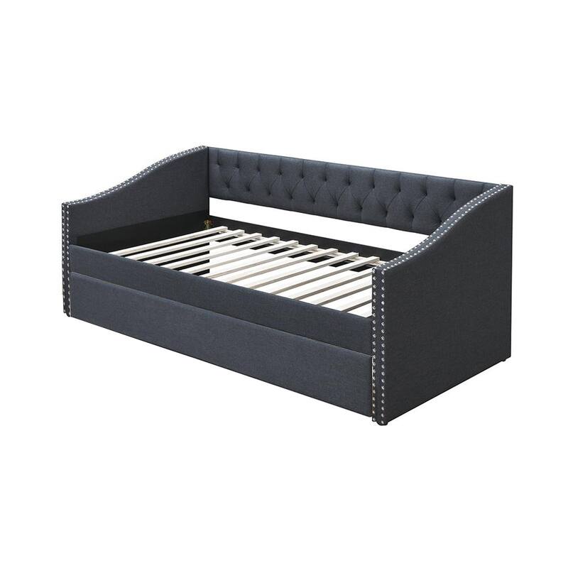 Daybed Sofa w Slats n Trundle Bed, Nailhead Trim, Charcoal Gray Fabric