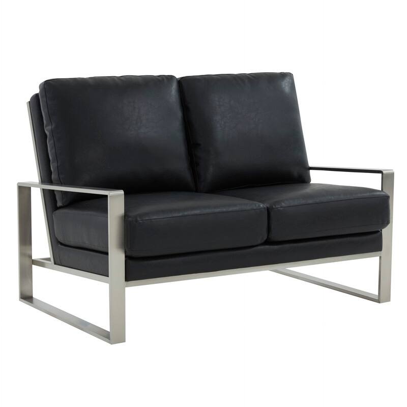 Jefferson Modern Leather Loveseat with Brushed Silver Stainless Steel Base, Removable Cushions, Sinuous Springs, Fully Assembled - Black