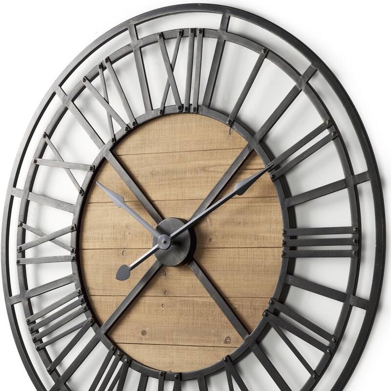 HomeRoots 42" Black And Natural Iron And Wood Analog Round Wall Clock - 42.13 in. x 42.13 in. x 2.56 in.
