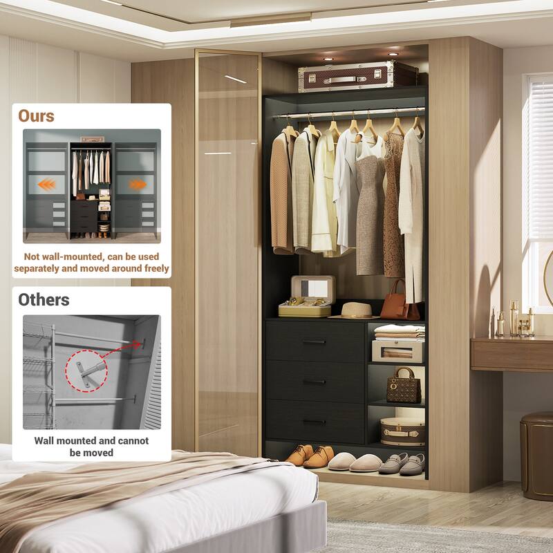 Cimly 30'' W Freestanding Closet Sytem with Hanging Rod, Closet Organizer with Drawers and Shelves