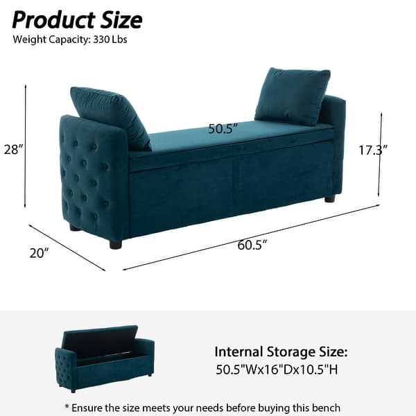 dimension image slide 3 of 5, Storage Bench for Bedroom, 60" End of Bed Bench for King Size Bed Modern Upholstered Long Bench with Tufted Arm