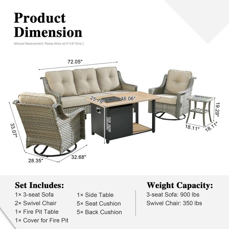 XIZZI 5-piece Patio Furniture Wicker Swivel Rocking Chair Set with Fire Pit