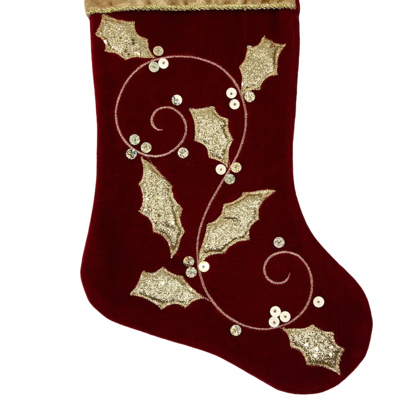 20.5-Inch Velvet Gold and Maroon Etched Cuff Christmas Stocking