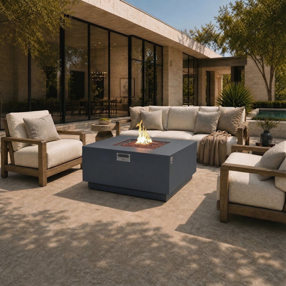 Oceanside 48" Square Outdoor Fire Pit Table With Hideaway Propane Tank Holder Bundle