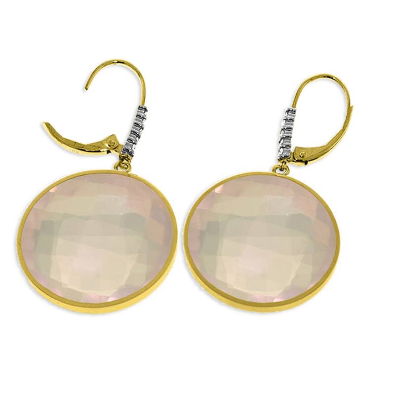 14K Solid Gold Diamonds Earrings w/ Checkerboard Cut Rose Quartz