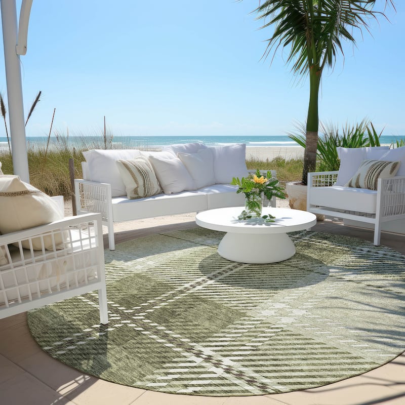 Machine Washable Indoor/ Outdoor Chantille Plaid Cozy Rug - Aloe - 8' x 8'