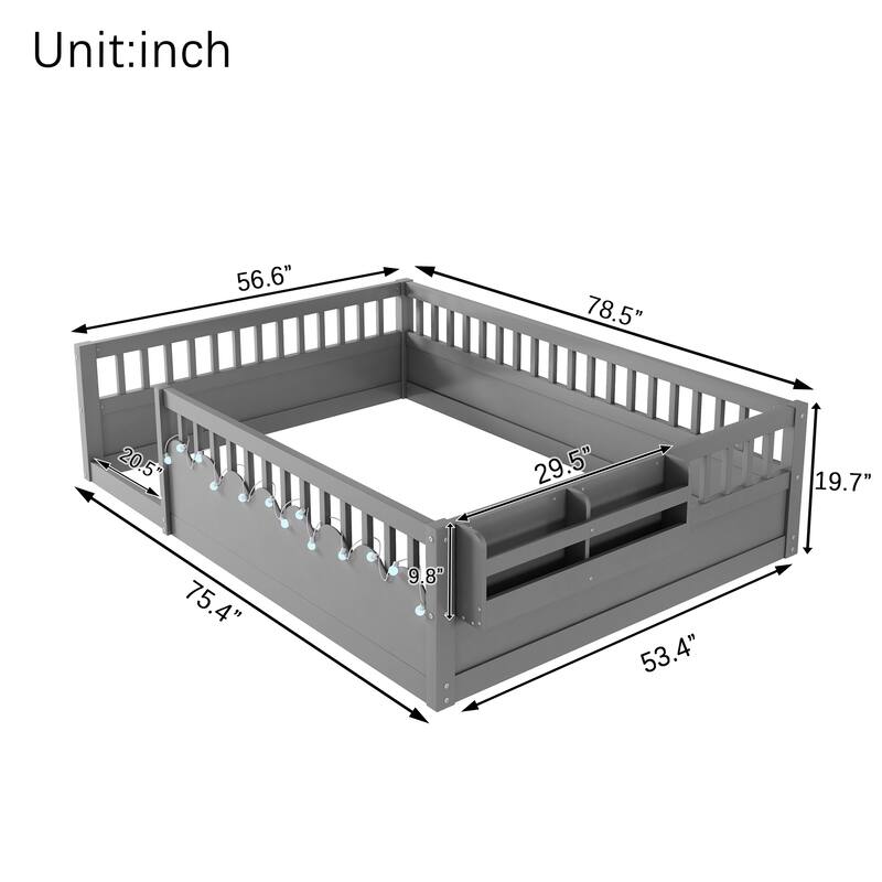 Montessori Floor Bed Frame with High Rails, Wood Toddler Floor Bedframe with Light and Headboard Storage Shelf for Kids Room