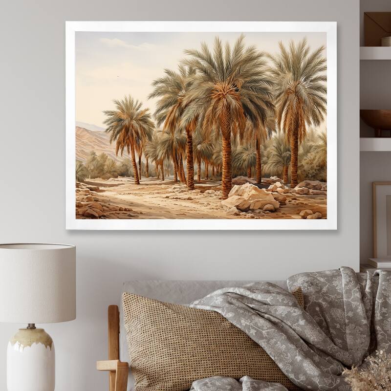 Designart "Palm Tree Desert Oasis " Palms & Palm Trees Framed Canvas Prints - 40 in. wide x 30 in. high - White