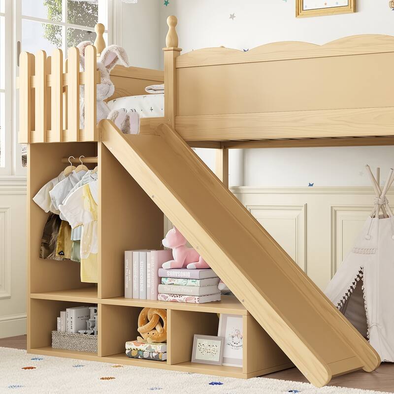 Twin Loft Bed with Storage Shelves and Wardrobe, Solid Wood Loft Beds with Detachable Slide and Ladders, No Spring Box Needed