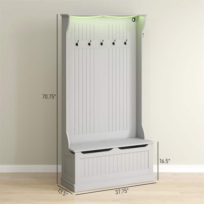 MDF Hall Tree Storage Bench with LED Light and Hooks - 37.75" W x 13.5" D x 70.75" H