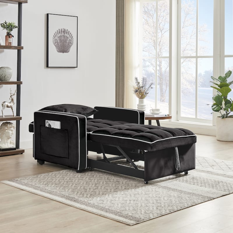 Black Modern 35.43" 3 in 1 Single Velvet Sofa Bed with Adjustable Back and Pocket for Living Room