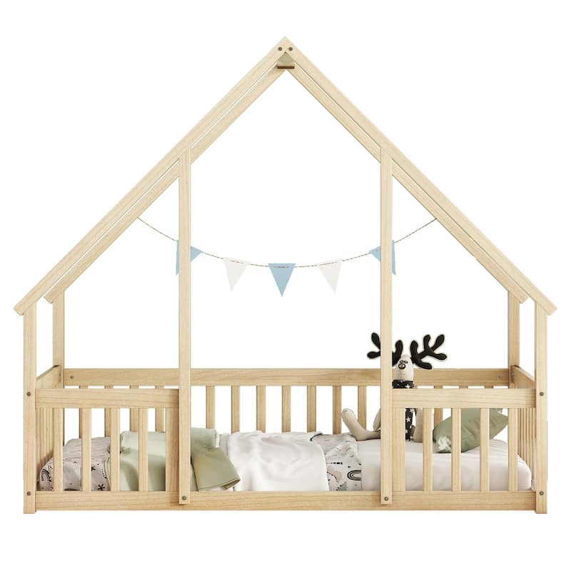 Natural Twin Size Pine Wood House-Shaped Floor Bed with Fence, Guardrails and Roof for Bedroom