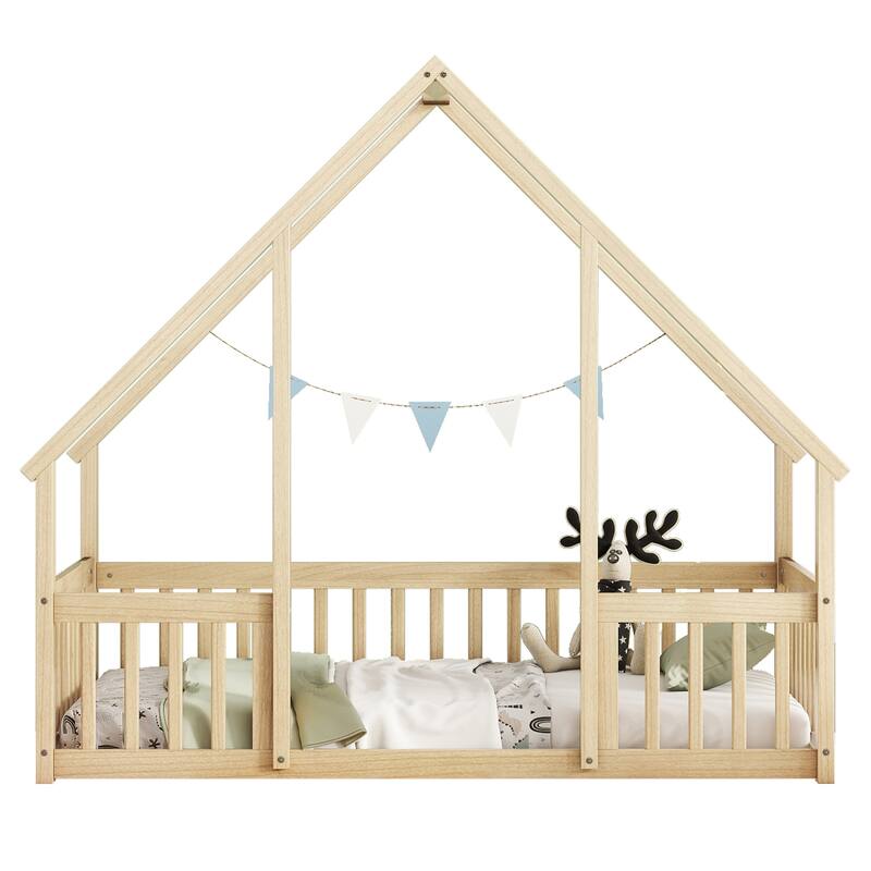 Twin Size Pine House-Shaped Floor Bed with Roof & Guardrails