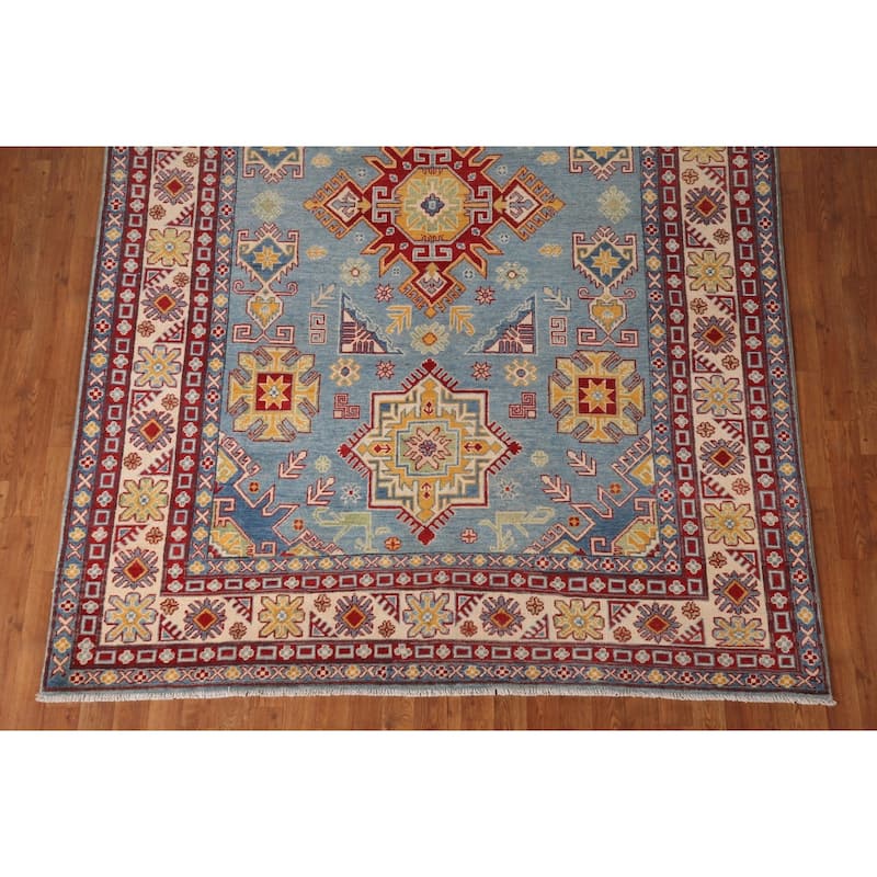 Light Blue Kazak Geometric Area Rug Wool Carpet - 6'7" x 9'10"
