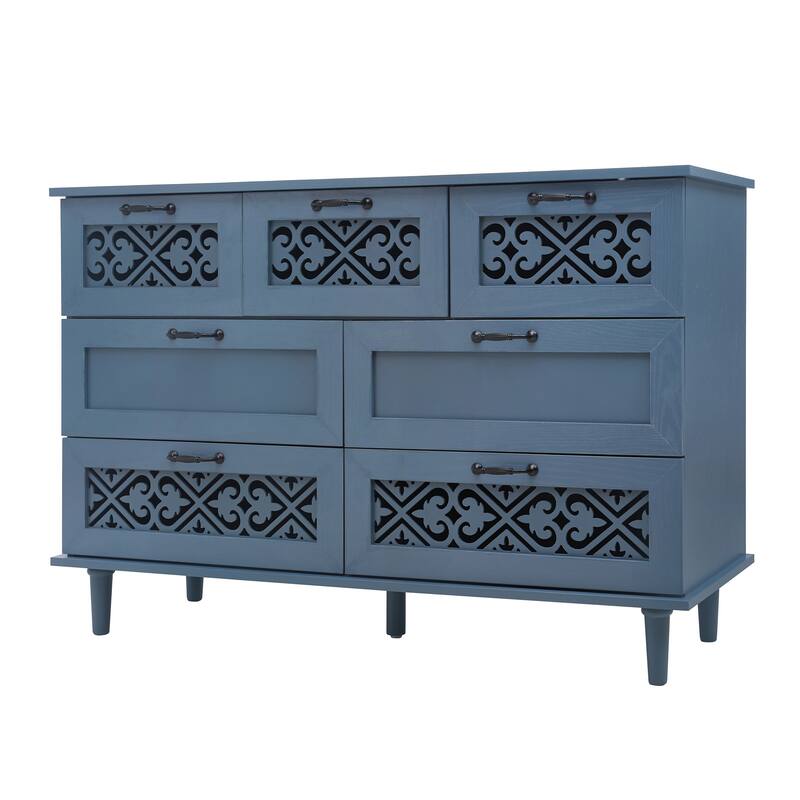 Blue Storage Closet Decorative Cabinet with Symmetrical Floral Pattern, Chic Buffet Cabinet Cupboard with Metal Handles