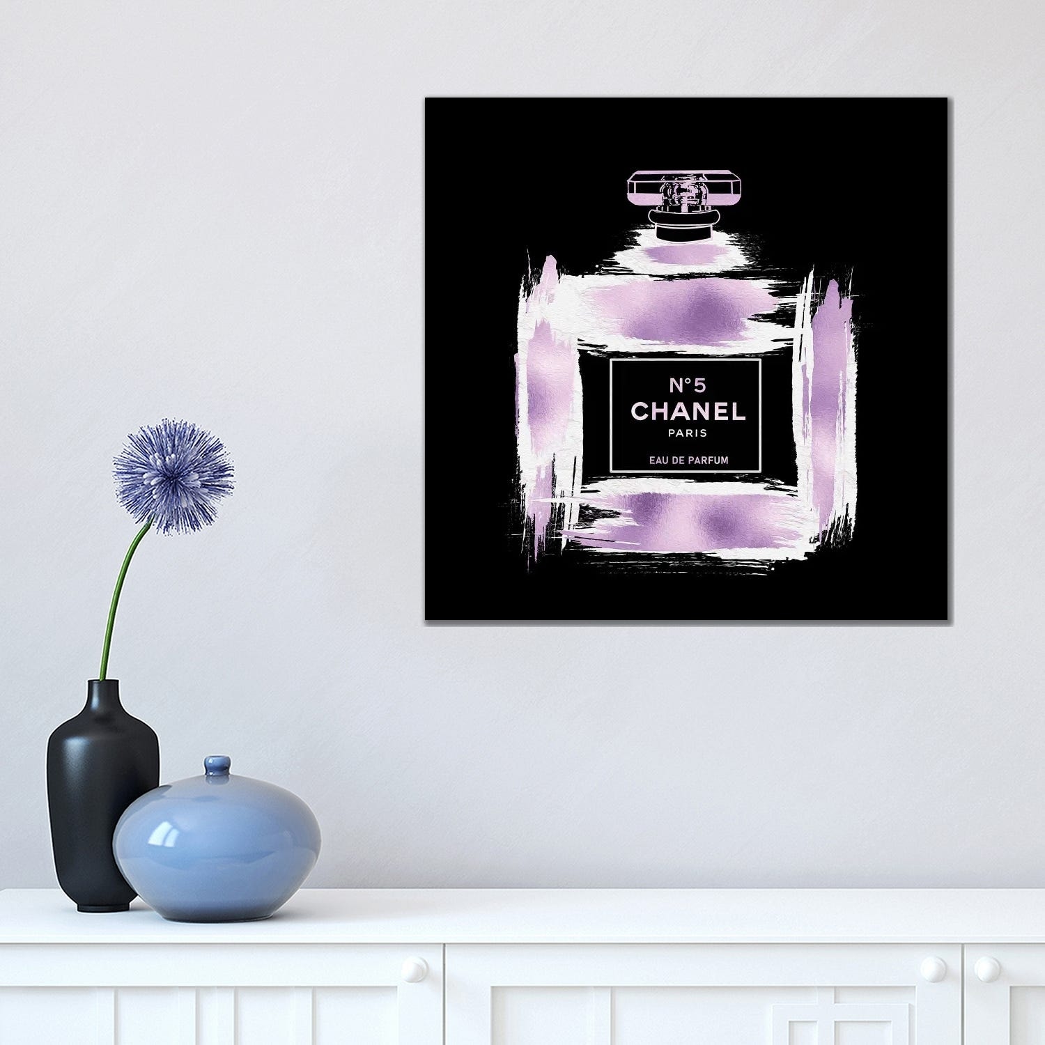 iCanvas Metallic Purple & White On Black Grunged No5 Paris Perfume Bottle  by Pomaikai Barron Canvas Print - Bed Bath & Beyond - 34177238