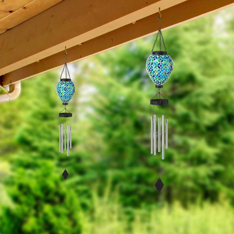 Glitzhome Set of 2 37"H Solar Lighted Metal and Glass Mosaic Windchimes - 37''H