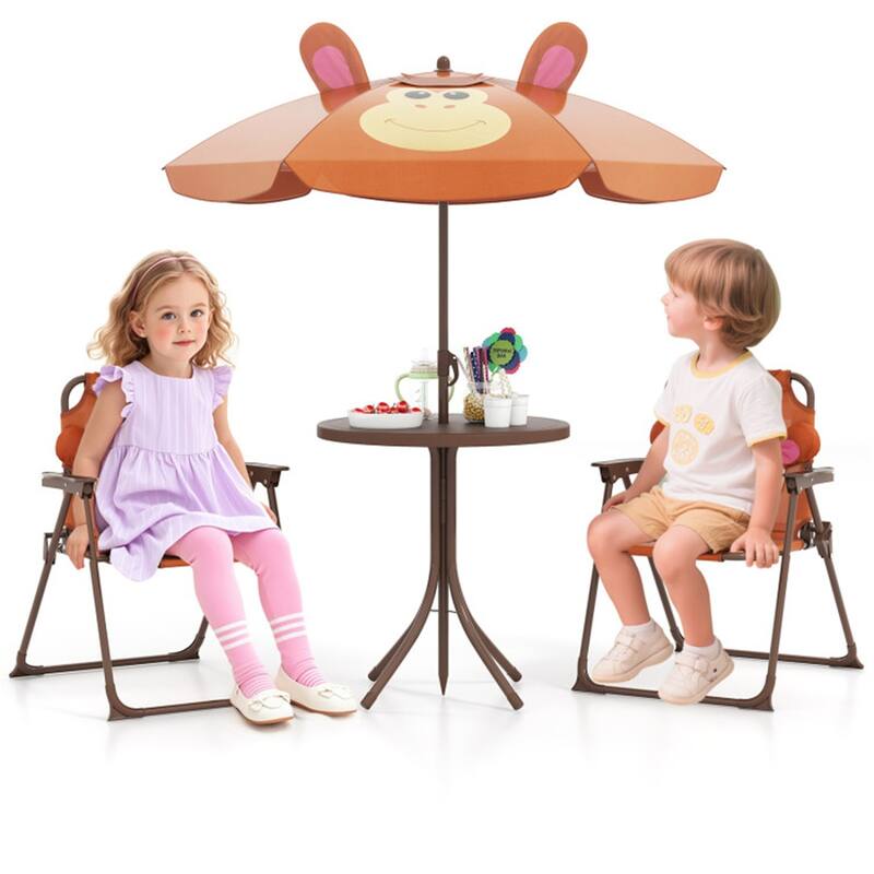 Kids Outdoor Picnic Table and Chair Set with Adjustable Umbrella Lion Pattern Foldable Table and Chairs for Ages 2-5 - D4