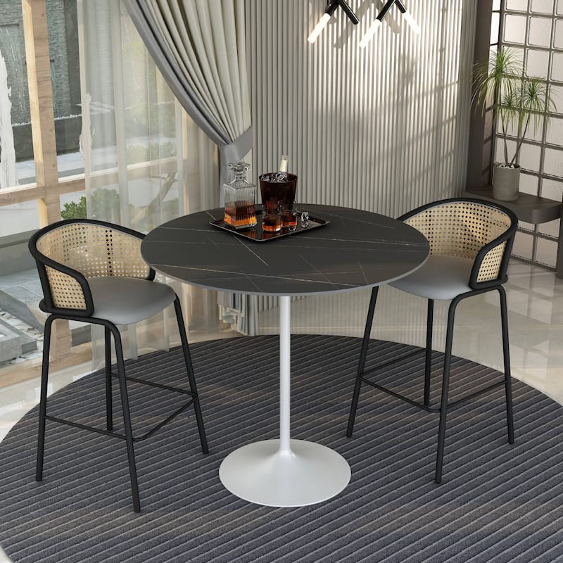 LeisureMod Verve 48" Round Bar Dining Table with Stone TableTop and White Steel Base for Kitchen & Dining Room