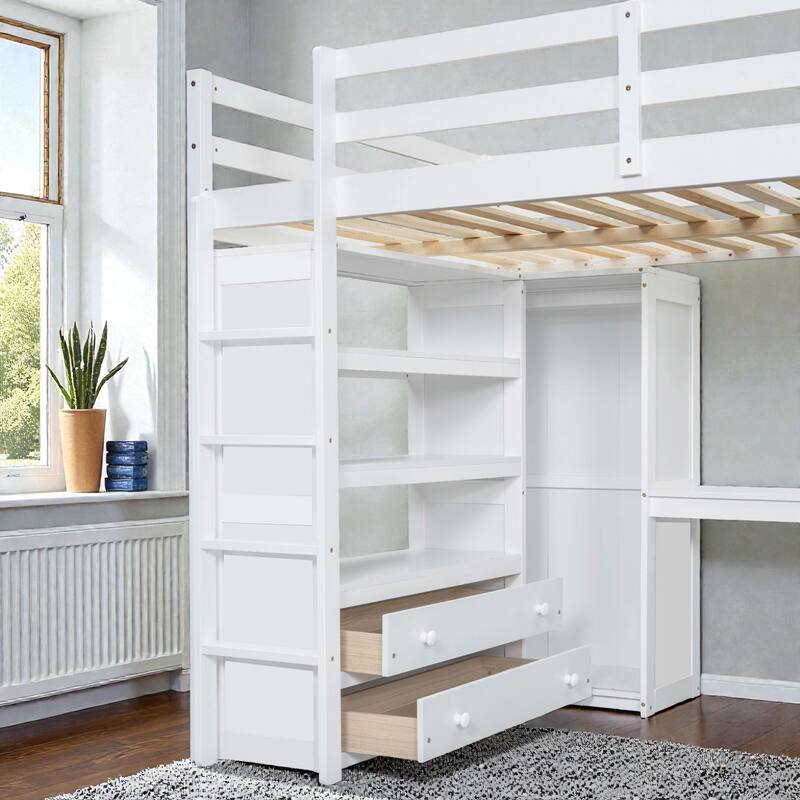 Full Size Wood Loft Bed with Wardrobe, Desk, Storage Shelves and Drawers, Space Saving Design, No Box Spring Needed