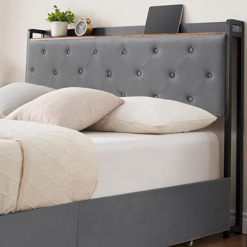 Velvet Bed Frame with Four Storage Drawers and USB Charging Station