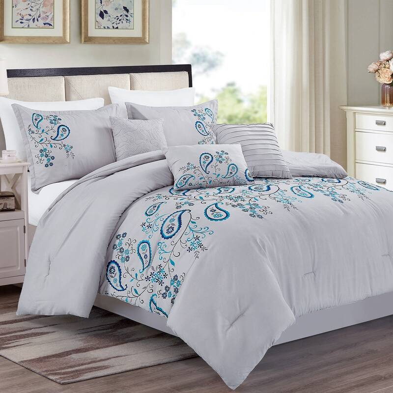 7 Piece Comforter Set Embroidered Design Bed in a Bag