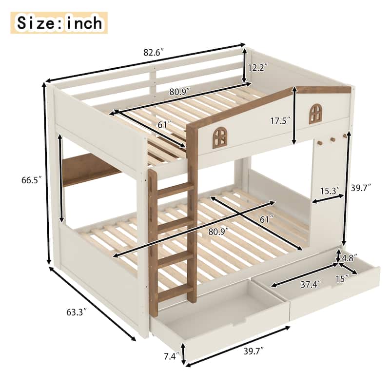 Queen over Queen Bunk Bed with Storage Drawers, Shelves & Hooks