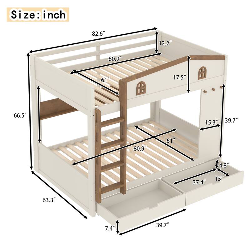 Queen over Queen Bunk Bed with Storage Drawers and Shelves, Solid Wood Bunk Beds with hooks, No Box Spring Needed