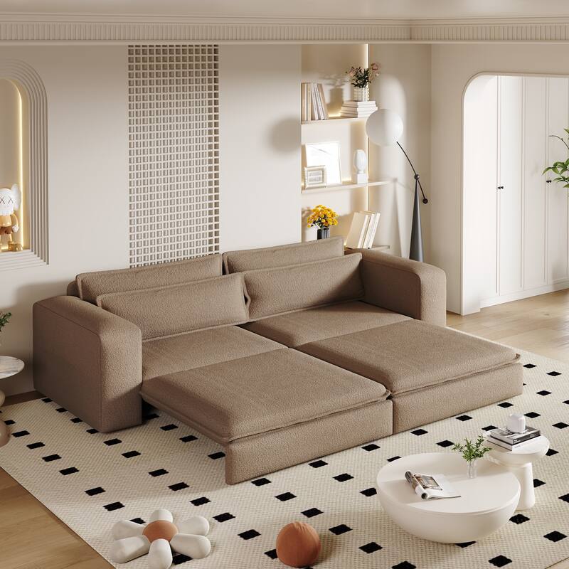 93" 3-in-1 Convertible Sleeper Sofa Bed, Pull-Out Sofa with Chaise Lounge, Teddy Fabric Loveseat Couch with 2 Lumbar Pillows