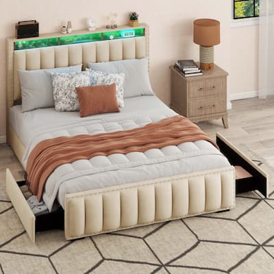 Moasis Full/Queen/King Velvet Upholstered Platform Bed Bedframe with Charging Station and 4 Storage Drawers