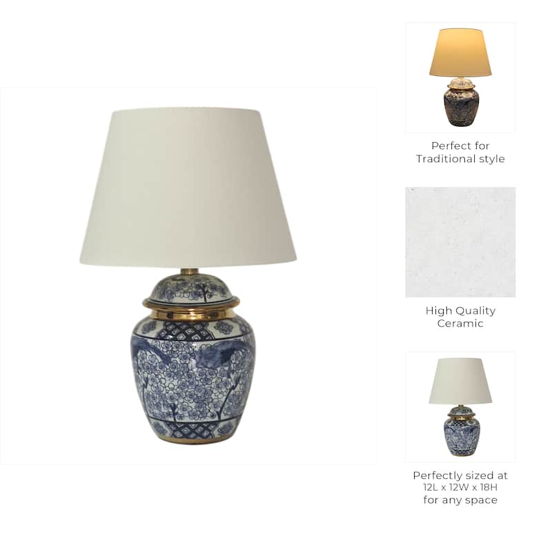 Ceramic Table Lamp Drum Shade Chinoiserie - 18" White/Blue - 12" x 12" x 18"
