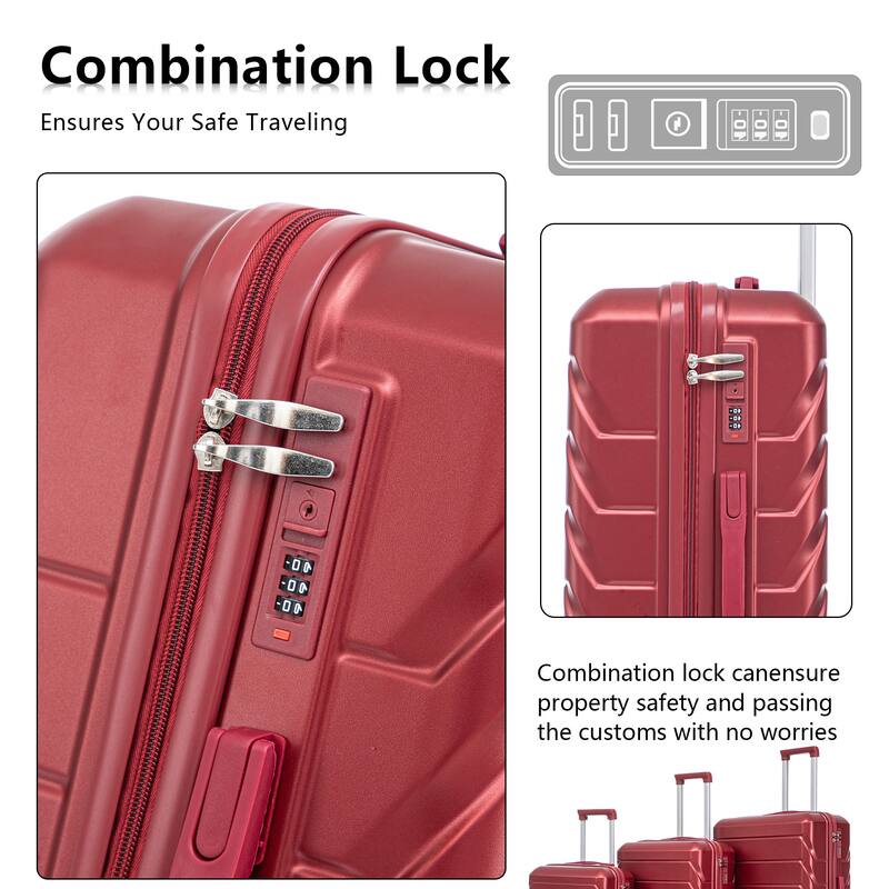 20"/24"/28" 3-Piece, Modern Luggage Sets with Retractable Handle and Combination Lock, for Boarding Travel, Wine Red