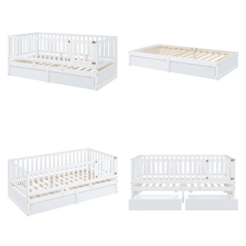 Twin Size Wood Daybed with Fence Guardrails and 2 Drawers