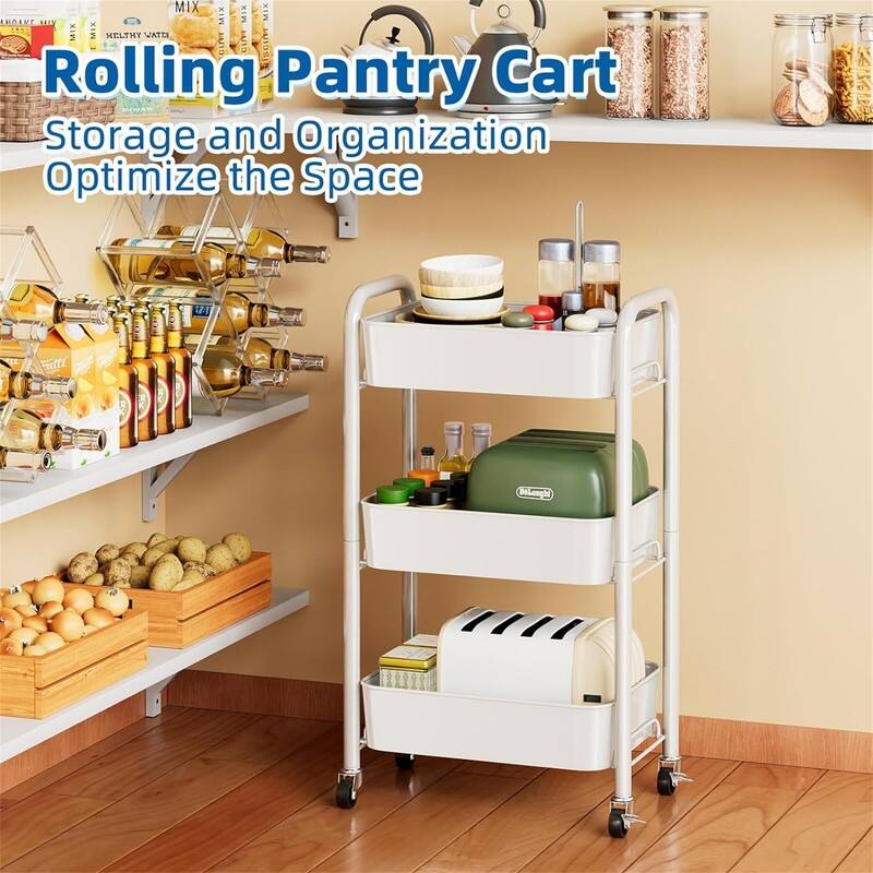 3 Tier Rolling Metal Storage Organizer Mobile Utility Cart Kitchen - 11.14"D x 17.32"W x 29.72"H