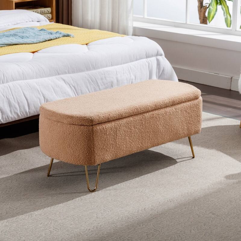 Modern Faux Fur Storage Bench with Gold Legs, Upholstered Ottoman for Living Room and Bedroom