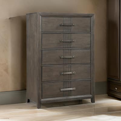 Wali 51 Inch Tall Dresser Chest, 5 Drawer, Black Handles, Walnut Brown